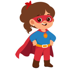 Cartoon Superhero Girl illustration with red cape and mask blue shirt red pants and boots smiling confidently on a white background