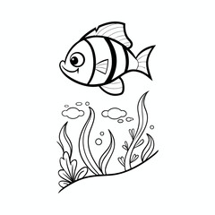 Obraz premium Happy Fish and Aquatic Plants Outline Drawing