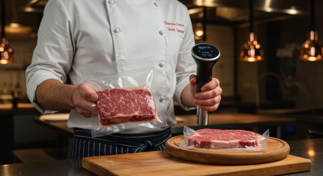 Chef Holding Vacuum-Sealed Meat and Sous Vide Machine Representing Modern Cooking Technique