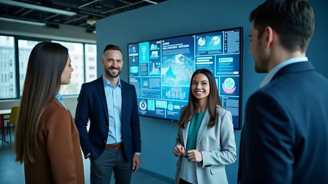 Bright young talent opportunity advertisement featuring diverse group of candidates collaborating on project around interactive digital display in innovation hub in  Photo Stock  Concept  and empty sp