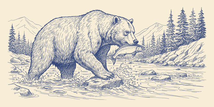 A majestic brown bear catches a large salmon in a mountain river surrounded by pine trees and rocky landscape.