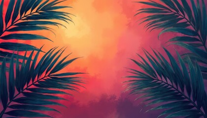Tropical palm leaves frame vibrant warm gradient background. Colors shift from bright orange yellow to red, purple pink. Abstract nature illustration evokes summer vacation relaxation mood. Design