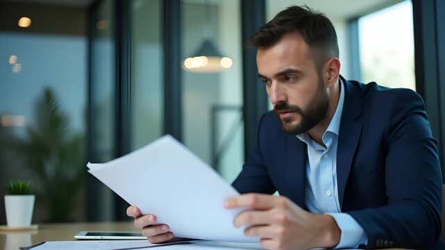 Business leader reacting to economic retaliation measures reviewing trade sanction letters and market impact reports in corporate office in  Photo Stock  Concept  and empty space on the left side
