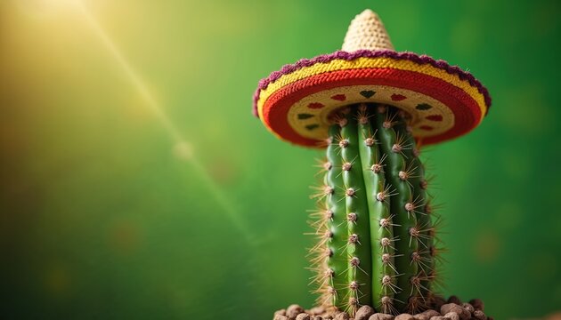A cactus wearing a colorful sombrero against a green background. The illustration brings Mexican culture and desert elements. Creative photo for travel tourism vacation related visual content.