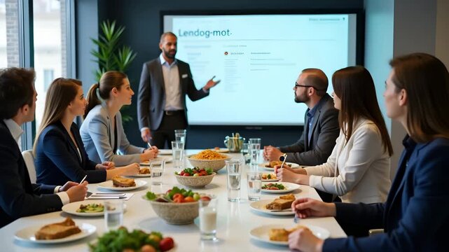 Employees gathered around sleek conference table enjoying catered lunch while a presenter delivers interactive professional development during lunch and learn session in  Photo Stock  Concept  and emp