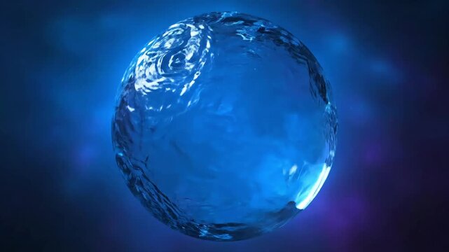 Shimmering blue sphere of water with light effects, representing purity and fluidity.