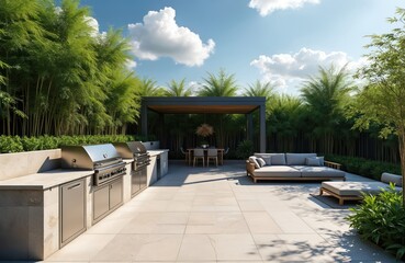 Obraz premium Modern outdoor kitchen with grill and seating area. Dining table under pergola, surrounded by lush bamboo grove. Stone countertops and patio create a stylish relaxation space.