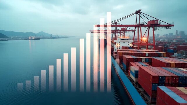 Close?up of import cost rising graph overlaying aerial view of cargo containers and cranes at busy industrial port under overcast sky in  Photo Stock  Concept  and empty space on the left side