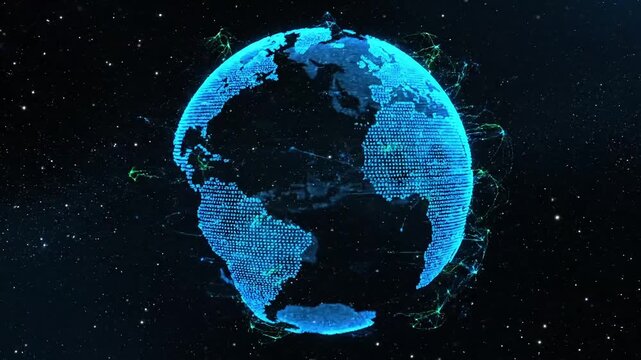 Glowing digital globe with interconnected networks on a dark starry background
