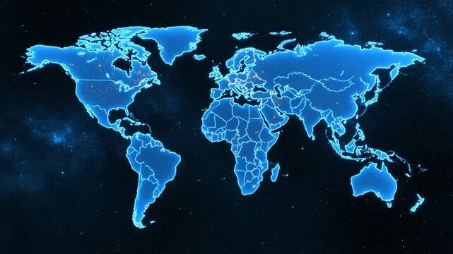 Glowing blue digital world map illuminates the vastness of global connection and technology.