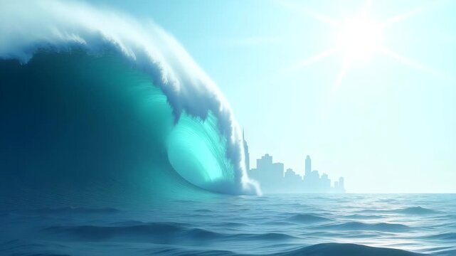 3D artist rendering giant wave disaster scene with city skyline silhouette submerged beneath monstrous ocean wall as speculative risk visualization in  Photo Stock  Concept  and empty space on the lef