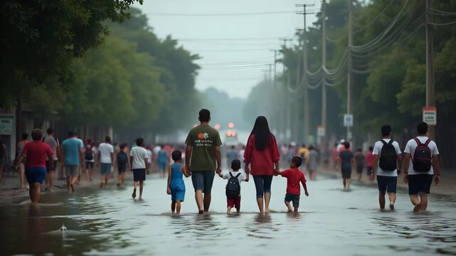 Family guiding children through crowded evacuation corridor escaping wave inundation as emergency sirens echo across floodplain in  Photo Stock  Concept  and empty space on the left side