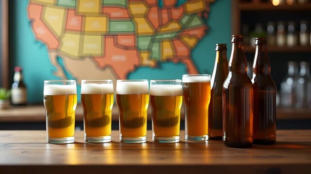 Local beer tasting showcase regional craft brew selection artisan bottles map backdrop highlight terroir flavor unique cultural identity beverage marketing concept in  Photo Stock  Concept  and empty 