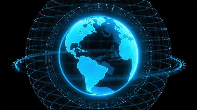 Bright digital globe with futuristic glowing network orbits on dark background