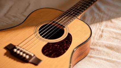 Obraz premium Acoustic Guitar Close-up with Warm Natural Light for Music Production and Creative Content