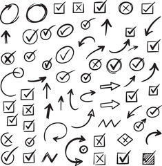Collection of hand drawn doodle arrows checkmarks circles and x marks isolated on white background