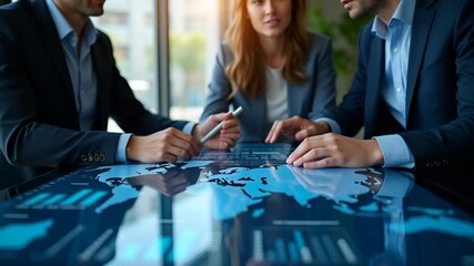 Business professionals reviewing transatlantic commerce agreements on digital touchscreen table depicting trade data exchanges between continents in Photo Stock Concept and empty space on the left - Powered by Adobe