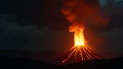 Stunning photo capturing eruptive activity with eruption columns towering above volcano crater glowing lava with ominous black sky backdrop in  Photo Stock  Concept  and empty space on the left side - Powered by Adobe