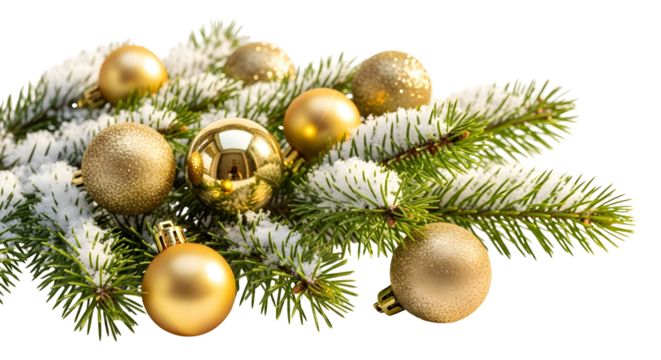 Sparkling golden Christmas baubles nestled on a snow-dusted evergreen branch, evoking festive holiday cheer and winter wonder on a pristine white background