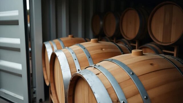 Close up of oak wine barrels ready for export arranged in modern refrigerated shipping container highlighting preservation and trade standards in  Photo Stock  Concept  and empty space on the left sid