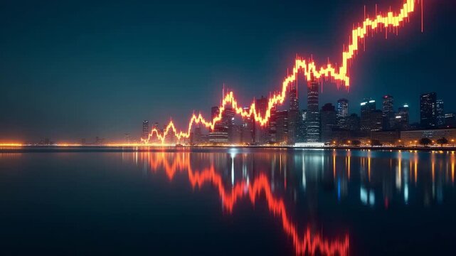 Stock market graph superimposed on global city skyline illustrating global economic tension and market volatility symbols in  Photo Stock  Concept  and empty space on the left side