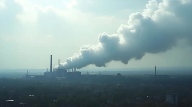 Aerial view of factory pollution showing dense smoke layers drifting over industrial complex and nearby residential zones under gray sky in  Photo Stock  Concept  and empty space on the left side