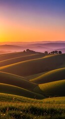 Fototapeta premium Golden Hour over Rolling Hills - A Serene Tuscan Landscape at Sunset.