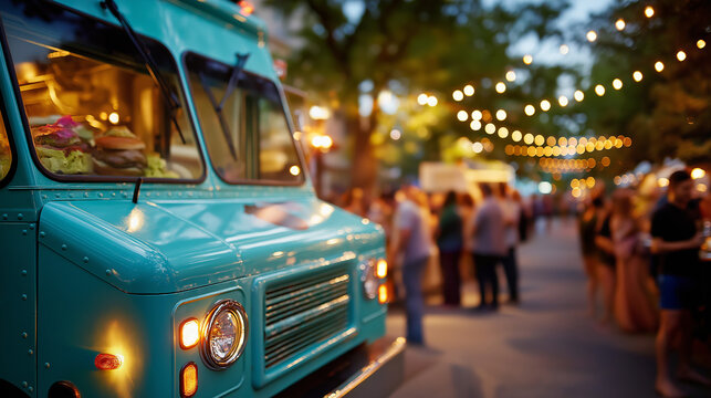 Teal food truck open for business at a city festival, serving burgers and other fast food, customers gather around, enjoying the urban street party with festive lights, under soft 