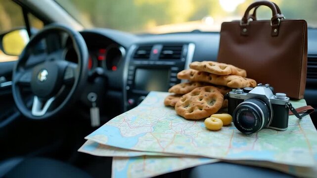 Close up of road trip essentials including map snacks travel guide and camera laid out on car dashboard with travel gear for planned vacation in  Photo Stock  Concept  and empty space on the left side