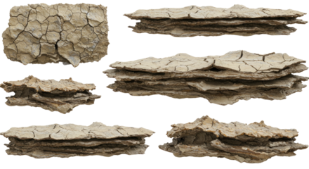 Collection of dry cracked mud and soil fragments isolated on white background, natural drought texture and desert ground detail
