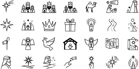 Christmas Nativity Story Line Icons Set. Collection of holiday symbols like Three Kings, Star of Bethlehem, Manger, Angel, Mary, Joseph, Jesus, Camel, Gift. Perfect for seasonal designs.
