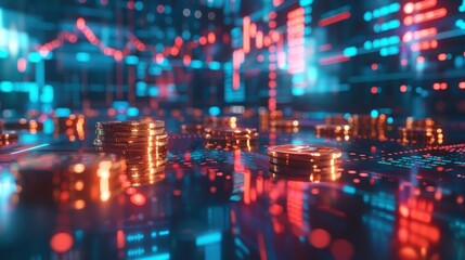 Obraz premium Cyberpunk Coins on Financial Data Stream Visualization