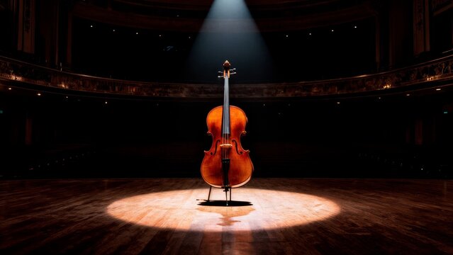 Cello in Concert Hall with Dramatic Spotlight for Elegant Music Performance Content