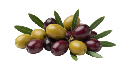 Assorted green & purple olives with leaves isolated on black background