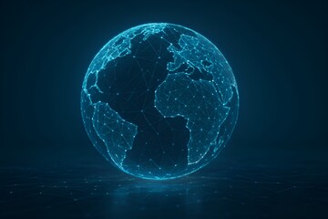 Digital glowing globe made of network lines above abstract surface, symbolizing global connectivity, AI, and worldwide data exchange in elegant blue and gold tones.