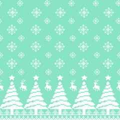 Pixel art pattern featuring Christmas trees and reindeer on mint green background, creating a bright, cozy, and modern festive look. Ideal for gifts, home decor, and textile printing.
