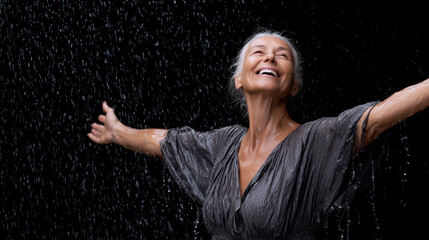 Joyful older woman embracing rain with open arms
