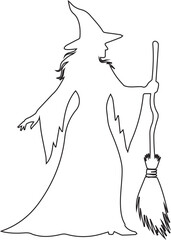 Simple outline silhouette of a witch with a broomstick standing against a white background