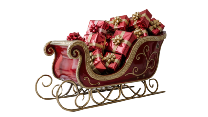 Ornate red christmas sleigh overflowing with wrapped presents isolated on transparent background