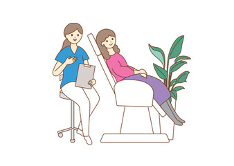 A woman receiving instructions on a dental clinic treatment table