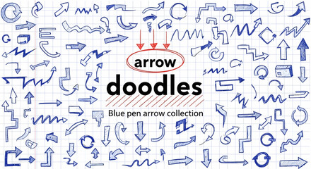 A comprehensive collection of hand-drawn blue pen arrow doodles and various direction pointers sketched on squared notebook paper © Hussnain