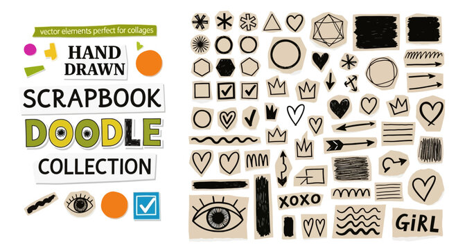 Set of various hand-drawn doodle elements on craft paper texture for scrapbooking and collage projects