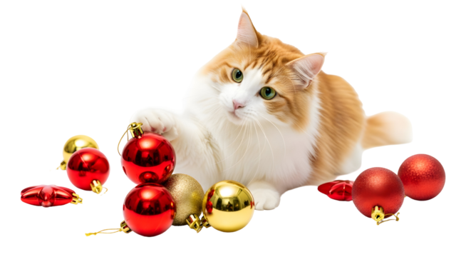 Curious orange and white cat with whiskers playfully bats at shiny red and gold Christmas ornaments, creating a charming and festive holiday scene