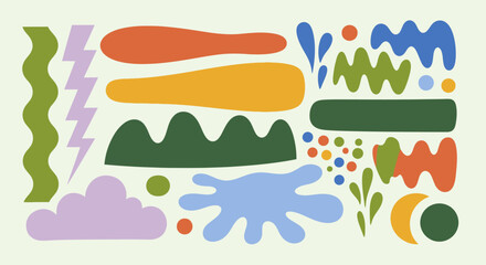 A vibrant set of miscellaneous abstract organic shapes, hand-drawn doodle elements, and contemporary colorful forms for modern design projects