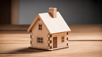 Wooden Miniature House with Detailed Windows on Wooden Surface wooden house dollhouse