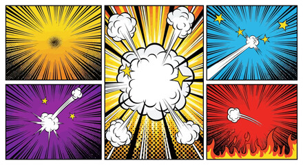 Set of six dynamic comic book templates featuring abstract explosive bursts, radial speed lines, and powerful impact flashes for graphic novels