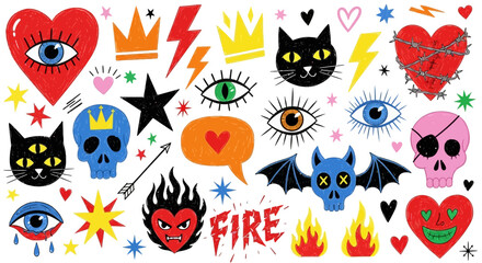 Vibrant collection of hand-drawn punk rock doodles featuring skulls, evil hearts, mystic eyes, and black cats