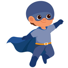 Cartoon Blue Superhero Boy Illustration Flying Gracefully with Flowing Cape and Determined Expression