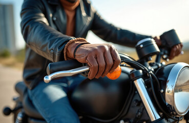 Obraz premium Man in leather jacket and gloves rides motorcycle on open road. Closeup on hands controlling handlebar, enjoying freedom and speed. This conveys adventure, travel, and a rugged lifestyle.