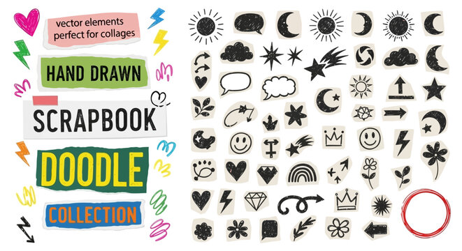 Hand-drawn doodle set of vector elements for scrapbooking, featuring celestial icons, hearts, and flowers on sticker-like paper textures